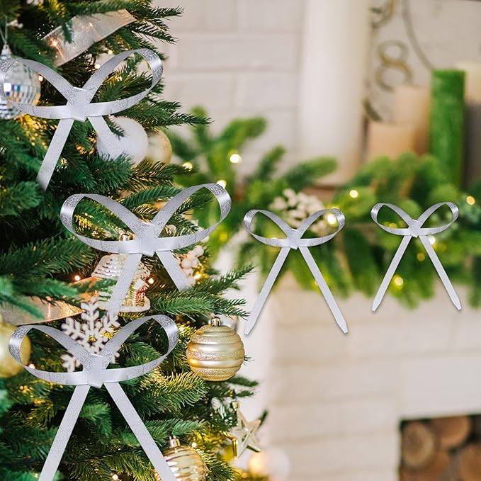 20 Pcs Christmas Metal Bow Ornaments with Clip, 5 x 6 Inch Christmas Bows Door Garland Decor Vintage Wreath Bow for Tree, Wreath, Gift Wrapping (20, White)