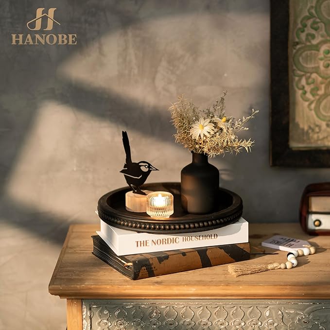 Hanobe Decorative Tray: Modern Farmhouse Beaded Round Tray Decor Rich Dark Brown Circle Wooden Ottoman Serving Platter for Centerpieces Kitchen Counter Bathroom