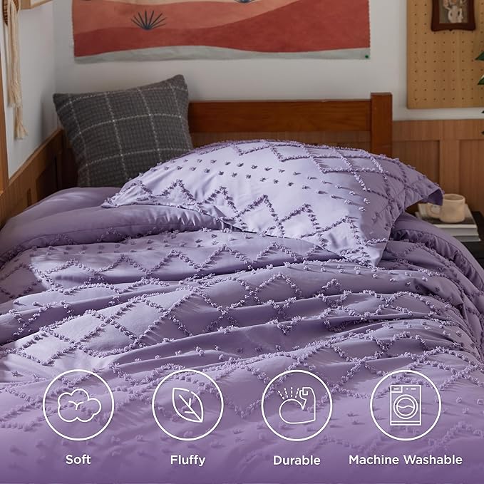 Bedsure Twin Comforter Set - Grayish Purple Boho Twin Comforter, Shabby Chic Dorm Bedding Set for Kids, 2 Pieces Modern Farmhouse Bed Set, Includes 1 Pillow Sham