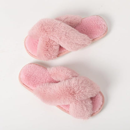 Women's Slipper Memory Foam Cross Band Fuzzy Slippers Open Toe Cozy House Slippers Cozy Plush Bedroom Indoor Outdoor