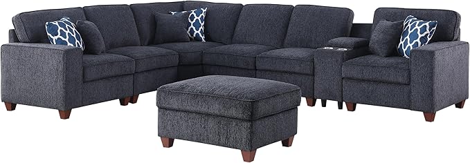 Sectional Sofa L Shaped Chenille Upholstered 7 Seat Sofa, Dark Gray