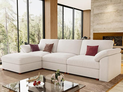 EASE MOOSE Oversized Modular Sectional Sofa with Ottoman, Modern Comfort Deep Seat L Shape Sectional Couch for Living Room, White