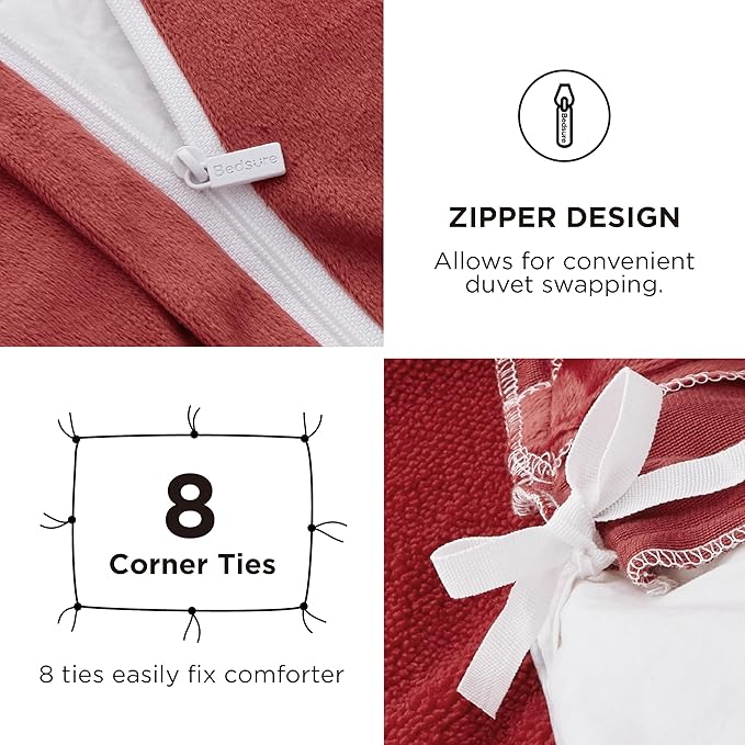 Bedsure Fluffy Christmas Duvet Cover Set - Ultra Soft Plush Shaggy Comforter Cover King Size, Warm Flannel Fleece Bed Sets for Winter, 3 Pieces, Reindeer Pattern, Red