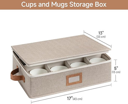 StorageWorks China Storage Container, Stackable Mug Storage Box with Dividers, Stemware Storage Cases, Hard Shell China Cup Organizer, Holds 12 Tea Cups and Coffee Mug, 1 Pack, Brown and Beige