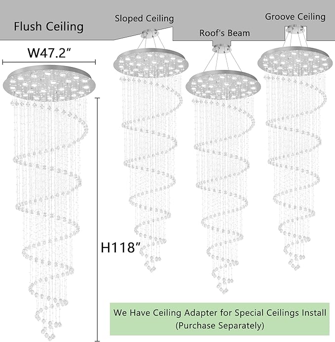 W47 x H118 High Ceiling Chandelier with LED Bulbs Dimmable Long Light Glam Chandeliers Crystal Pendants Light Fixtures for Foyer Entryway Living Room Stair Silver