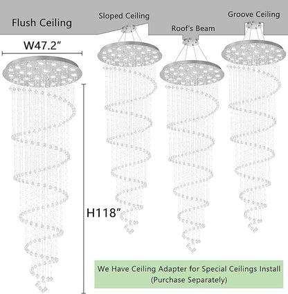 W47 x H118 High Ceiling Chandelier with LED Bulbs Dimmable Long Light Glam Chandeliers Crystal Pendants Light Fixtures for Foyer Entryway Living Room Stair Silver