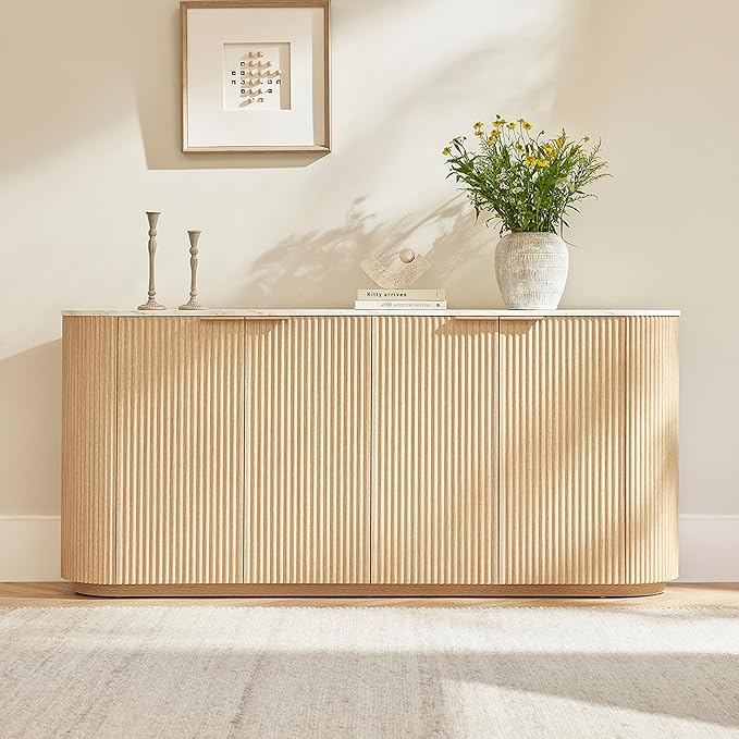 CHITA 70" Sideboard Buffet Cabinet with Storage, Living Room Accent Cabinet with Doors and Adjustable Shelves, for Bar, Kitchen, Oak - Faux Marble