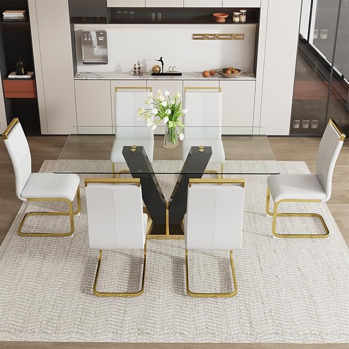 71" Glass Dining Table Set for 6, Dining Table Set 6, Modern Kitchen Table and 6 PU Chairs, Tempered Glass Top and MDF Base, Dining Room Table Set for 6