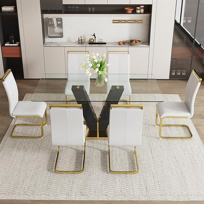 71" Glass Dining Table Set for 6, Dining Table Set 6, Modern Kitchen Table and 6 PU Chairs, Tempered Glass Top and MDF Base, Dining Room Table Set for 6