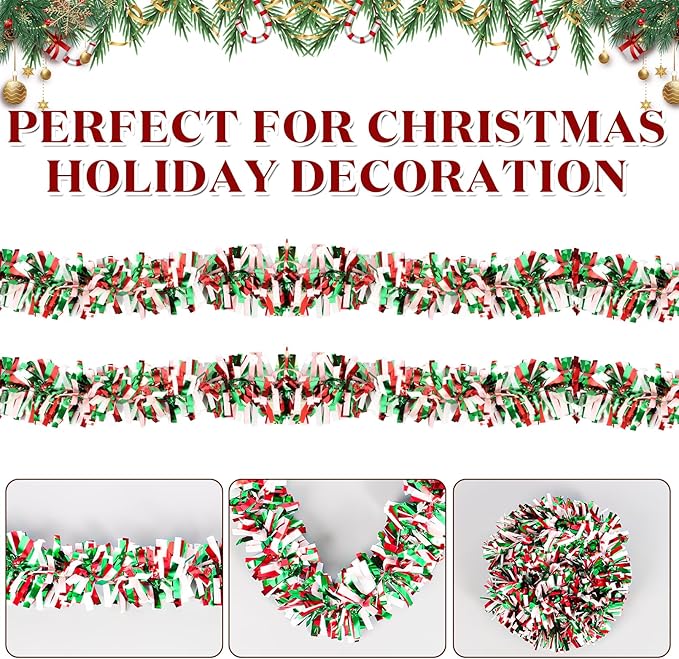 50Ft Christmas Tinsel Garland - Red Green White Shiny Metallic Twist Decor for Christmas Tree Home Stairs Railing Front Door Mantle Fireplace Indoor Outdoor Holiday Party