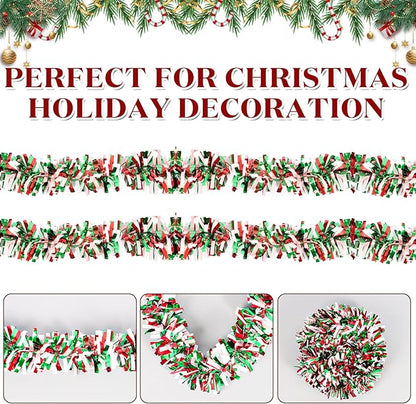 50Ft Christmas Tinsel Garland - Red Green White Shiny Metallic Twist Decor for Christmas Tree Home Stairs Railing Front Door Mantle Fireplace Indoor Outdoor Holiday Party