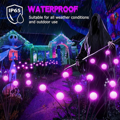 6Pack 48 LED Halloween Decorations Outdoor -LETMY Upgraded Swaying Solar Lights Outdoor, Waterproof Solar Firefly Lights Solar Halloween Lights for Pathway Yard Garden Decorations (Purple)