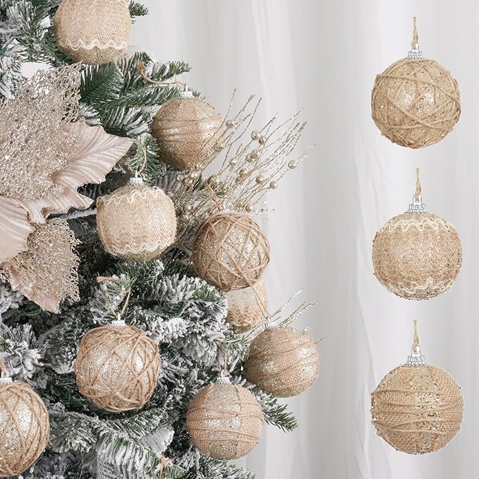 XmasExp Farmhouse Christmas Ball Ornaments Set-70mm/2.76" Shatterproof Rustic Xmas Tree Hanging Decoration (12 Counts,Beige & Champagne)
