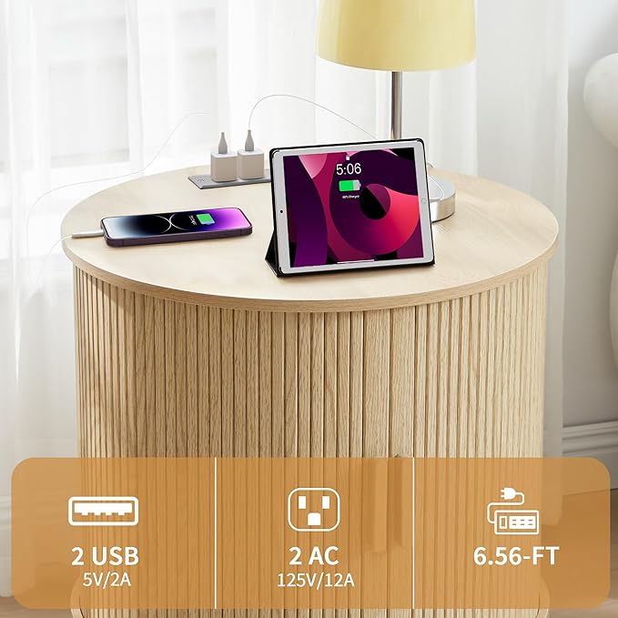 24" Fluted Round Nightstand Set of 2, Mid-Century Large Wooden End Table with Charging Station, Farmhouse Storage Side Table with Sliding Door for Bedroom Living Room (2XRound, Natural)