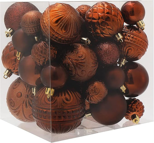 Christmas Ball Ornaments Brown Christmas Tree Decorations with Hang Rope-36pcs Shatterproof Christmas Ornaments Set with 6 Styles in 3 Sizes(Small Medium Large)