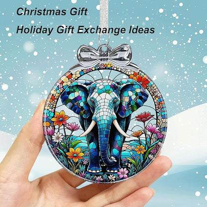 Elephant Christmas Ornament for Christmas Decorations Crystal Glass- Xmas Gifts for Elephant Lover, Holiday Keepsake Present Exchange Ideas