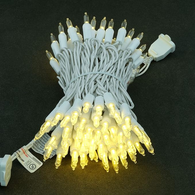 YULETIME Warm White LED Christmas Lights with White Wire, 33 ft 100 Count UL Certified Commercial Grade Holiday String Light Set (Warm White - White Wire)