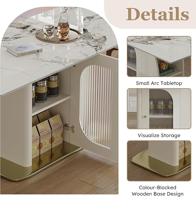 Montary 63" Modern Dining Table for 4-6 People, Kitchen Table with Storage Shelf & Acrylic Door Cabinet, Sintered Stone Tabletop with Golden Solid Wood Base, Perfect for Apartments and Home Use