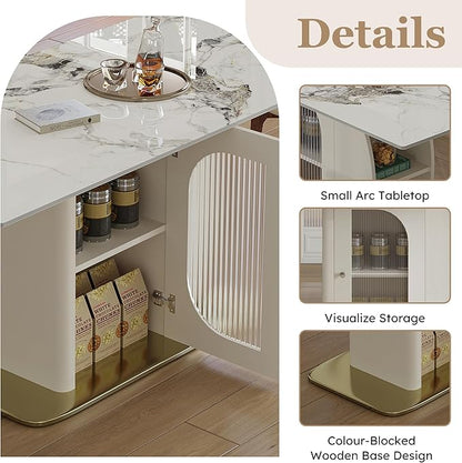 Montary 63" Modern Dining Table for 4-6 People, Kitchen Table with Storage Shelf & Acrylic Door Cabinet, Sintered Stone Tabletop with Golden Solid Wood Base, Perfect for Apartments and Home Use