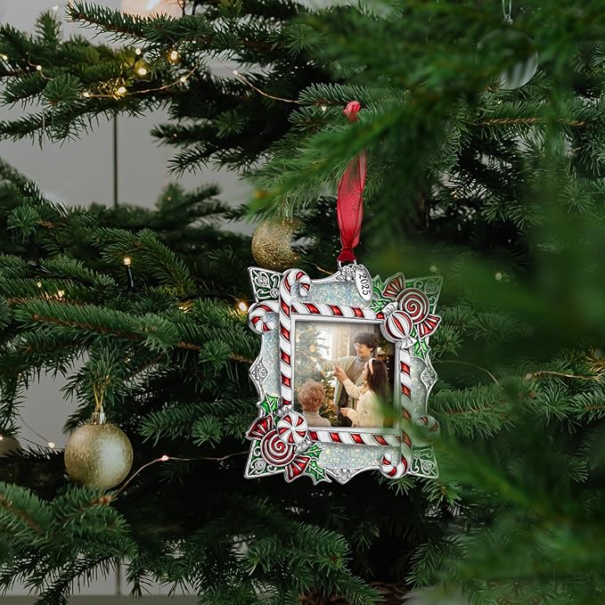 2025 Christmas Ornaments 2 inch Picture Frame Metal Hanging Pendant for Tree Small Decorative Keepsake, Display Photo for Baby and Pet (Candy Silver (2025))