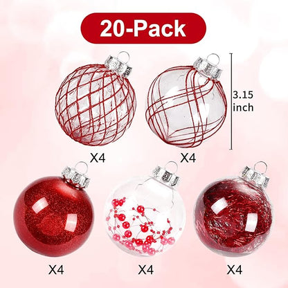 Christmas Ball Ornaments 20ct Red Clear Shatterproof Xmas Ball Decorations 80mm/3.15" Large Christmas Ornaments for Christmas Tree Decoration Hanging Bauble for Party Gifts