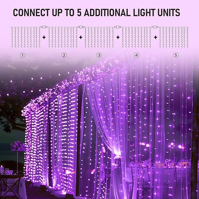 Dazzle Bright 300 LED Christmas Curtain String Lights, Halloween Fairy Lights for Bedroom with 8 Lighting Modes, Waterproof Window Light Party Wedding Garden Wall Decor, Purple