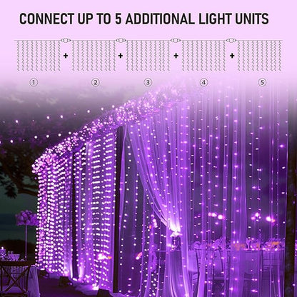 Dazzle Bright 300 LED Christmas Curtain String Lights, Halloween Fairy Lights for Bedroom with 8 Lighting Modes, Waterproof Window Light Party Wedding Garden Wall Decor, Purple