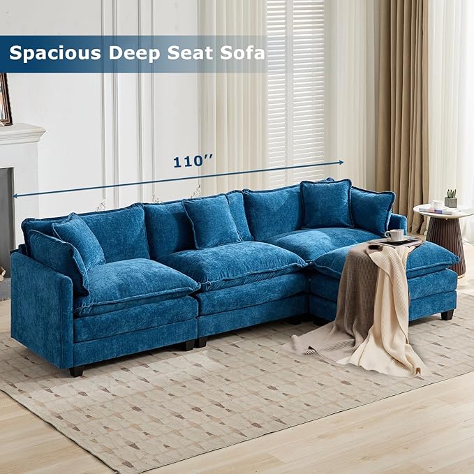 SoarFlash 107.4" Chenille Sectional Sofa, Comfy Modular Loveseat Sofa, Modern 3-Seat Couch Deep Seat Sofa Set for Living Room,Blue