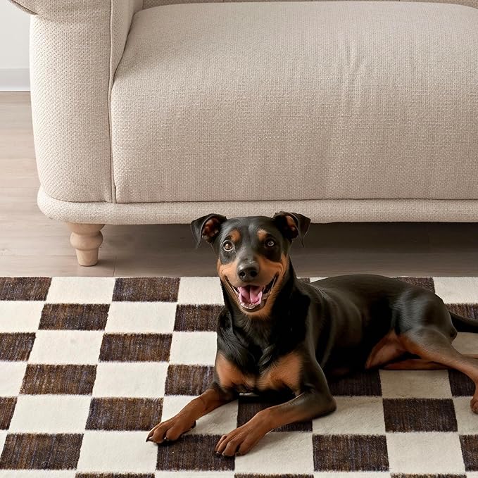 EVERGRACE Checkered Plaid Area Rug 2x10, Soft Fuzzy Faux Wool Rugs Washable Anti Slip Rugs Long Runner Carpet for Entryway Bedroom Living Room Hallway Kitchen Dining Room and Laundry, Dark Brown