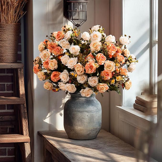 Artificial Flowers for Outdoor 4 Bundles Rose Bouquet with Daisy Faux Flowers UV Resistant for Home Indoor Outside Garden Porch Window Box Balcony Yard Porch Decor (White+Orange)