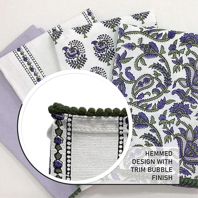 TARAN LIVING Printed Kitchen Dish Bar and Tea Towels Cotton, 18x28 inch with Trims, Cotton Dish Towel Sets (White & Purple, Set of 4)