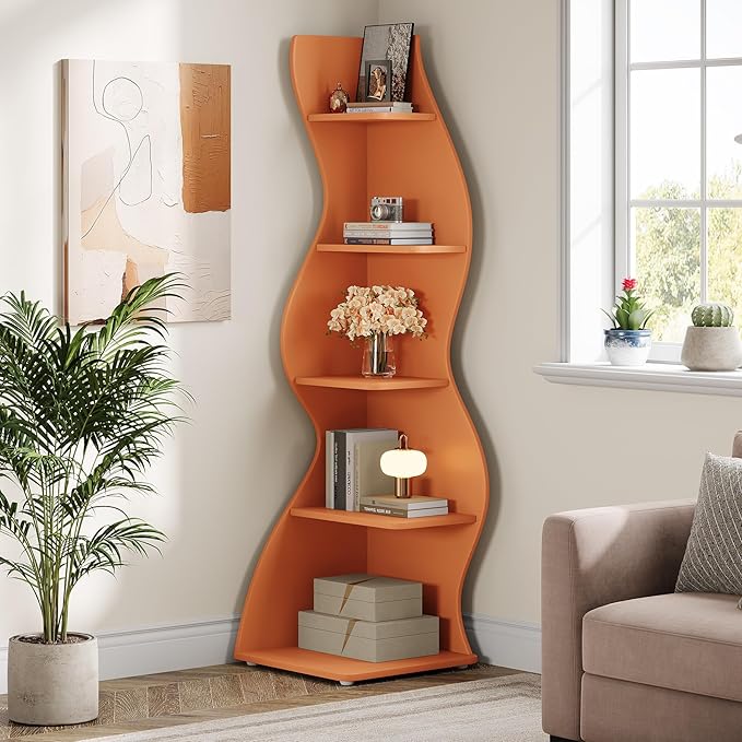 Tribesigns Wavy Corner Shelf, Modern 5-Tier Bookshelf Bookcase with Curvy Shape, Unique Plant Stand Display Rack for Living Room Small Space (Orange)