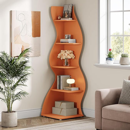 Tribesigns Wavy Corner Shelf, Modern 5-Tier Bookshelf Bookcase with Curvy Shape, Unique Plant Stand Display Rack for Living Room Small Space (Orange)