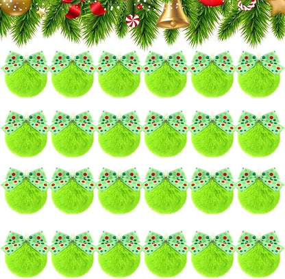 Norme 24-Pack Lime Green Furry Christmas Balls with Bow, 4" Soft Faux Fur Plush Pom Pom Ball Ornaments for Christmas Tree Hanging Decorations Party Fireplace Mantel Wall Decor(Green Polka Dots)