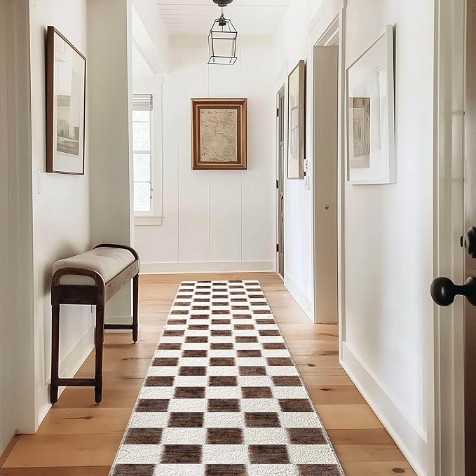 EVERGRACE Checkered Plaid Area Rug 2x10, Soft Fuzzy Faux Wool Rugs Washable Anti Slip Rugs Long Runner Carpet for Entryway Bedroom Living Room Hallway Kitchen Dining Room and Laundry, Dark Brown