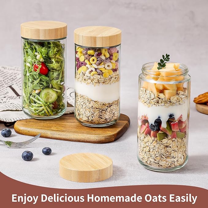 DRKIO 24 Oz Overnight Oats Containers with Bamboo Lids - 4 Pack Glass Storage Jars with Airtight Lids Wide Mouth Mason Food Jars Great for Meal Prep Salad Chia Pudding Snacks Yogurt Sugar Spice