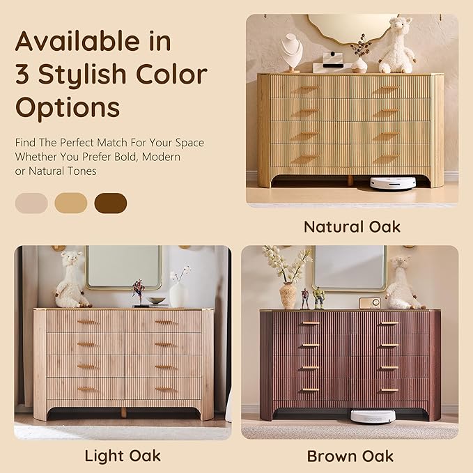 Fluted 8 Drawer Dresser for Bedroom with Curved Profile Design,53.9" W Wide Chest of Drawers with Reeded Front Panels,Wide Storage Cabinet with Smooth-Glide Drawers for Living Room,Natural Oak