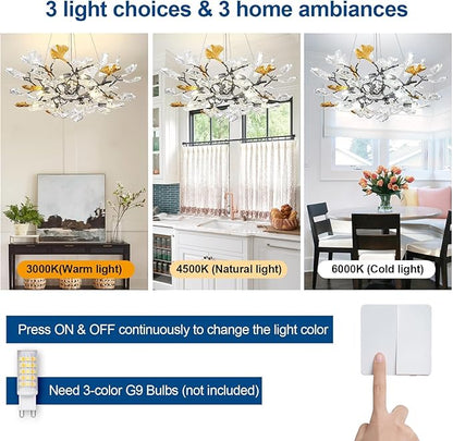 Modern Chandelier for Dining Room, Modern D31.5" Ginkgo Leaf Black Tree Branch Chandelier, Farmhouse Round Chandeliers Over Dining, Glass Lights for Living Room Bedroom Kitchen Island, 10-Light