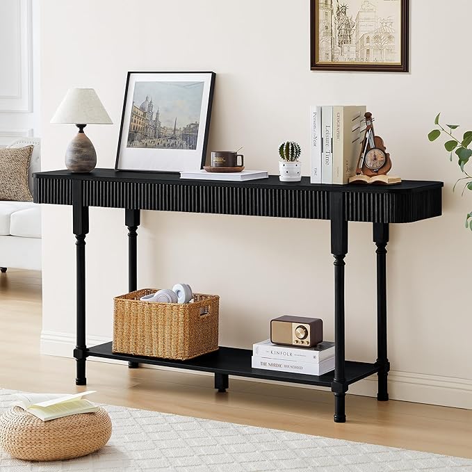 63'' Fluted Console Table with 2 Drawers, 2-Tier Long Entryway Tables with Open Storage, Wooden Narrow Sofa Table Behind Couch, Foyer Accent Table for Living Room, Hallway, Entrance (Black)