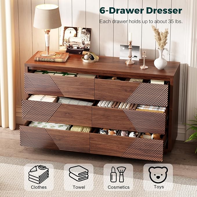 55.12" Modern Chest of Drawer, 6 Deep Drawers,Clothes Organizer,Large Storage Cabinet for Living Room, Bedroom,Dresser TV Stand, Wood Drawer Organizer for Living Room, Hallway, Walnut