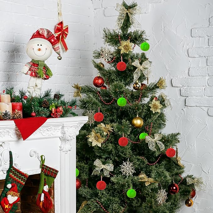 12Pcs Lime Green and Red 2.36 Inch Furry Christmas Ornaments, Soft Fluffy Fuzzy Pom Pom Balls, Christmas Decorations Hanging Ornaments for Christmas Tree, Holiday Party, DIY Craft, and Mantel Decor