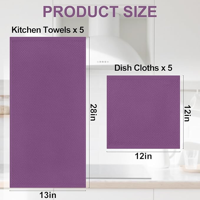 Homaxy 100% Cotton Kitchen Towels and Dishcloths Set, 12 x 12 Inches and 13 x 28 Inches, Set of 10 Bulk Kitchen Towels Set, Ultra Soft Absorbent Dish Cloths for Washing Dishes, Purple