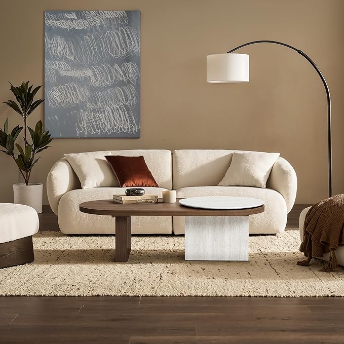 LuxenHome Oval Coffee Table, 47'' Mid Century Modern Walnut Finish Coffee Table for Living Room, Home Or Office, Farmhouse Travertine-Style Unique Wood Accent Center Tables for Small Space