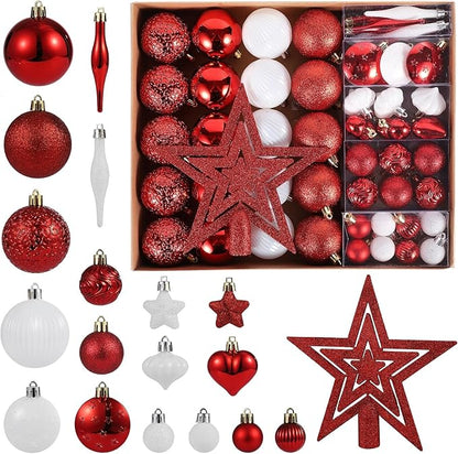 72 Pcs Shatterproof Christmas Balls Ornaments for Outdoor Use，Elegant Red and White Christmas Yard Decorations Outdoor with Hanging Loops，A Set of Christmas Tree Decoration for Home, Wedding, Party