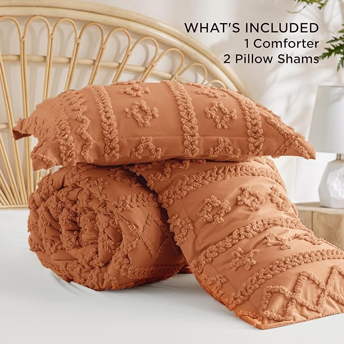 Bedsure Tufted Boho Comforter Set King Size - Pumpkin Boho Bed Set, GentleSoft™ 3 Pieces Farmhouse Shabby Chic Embroidery Bedding, Gifts for Woman, Soft Jacquard King Comforter for All Seasons