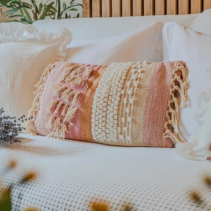 Decorative Boho-Chic Lumbar Pillow Cover 12x20 Handwoven Tufted Fringed Cotton Pink Cream Beige Neutral Farmhouse Bohemian Scandinavian Trendy USA Design