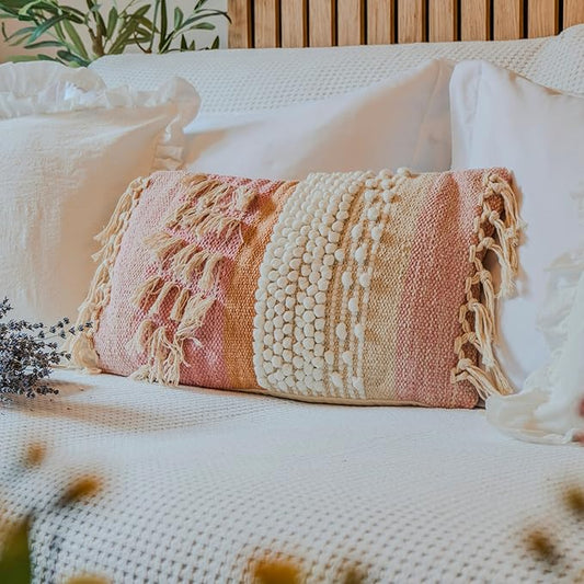 Decorative Boho-Chic Lumbar Pillow Cover 12x20 Handwoven Tufted Fringed Cotton Pink Cream Beige Neutral Farmhouse Bohemian Scandinavian Trendy USA Design
