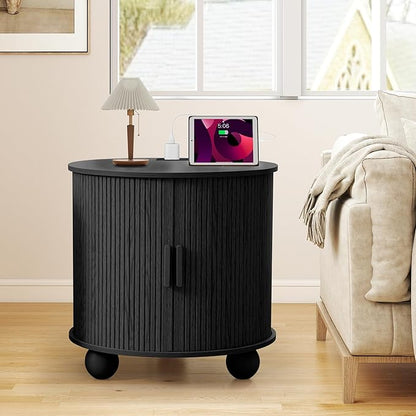 24" Fluted Round Nightstand Set of 2, Mid-Century Large Wooden End Table with Charging Station, Modern Storage Side Table with Sliding Door for Bedroom Living Room (2XRound, Black)