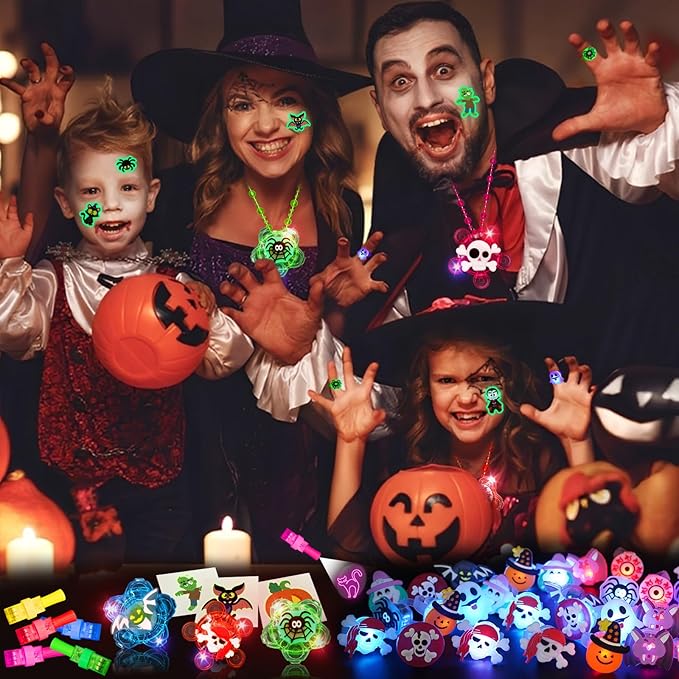 Halloween Party Favors for Kids, 100 Pack Glow in the Dark Toys Rotating Light Up Necklaces LED Flash Rings Halloween Toys Bulk for Halloween Party Classroom Prizes Goodie Bags Trick or Treats Gifts