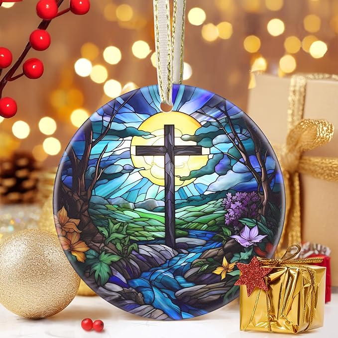 Cross 3.5 Inch Ceramic Christmas Hanging Ornament - Cross & River
